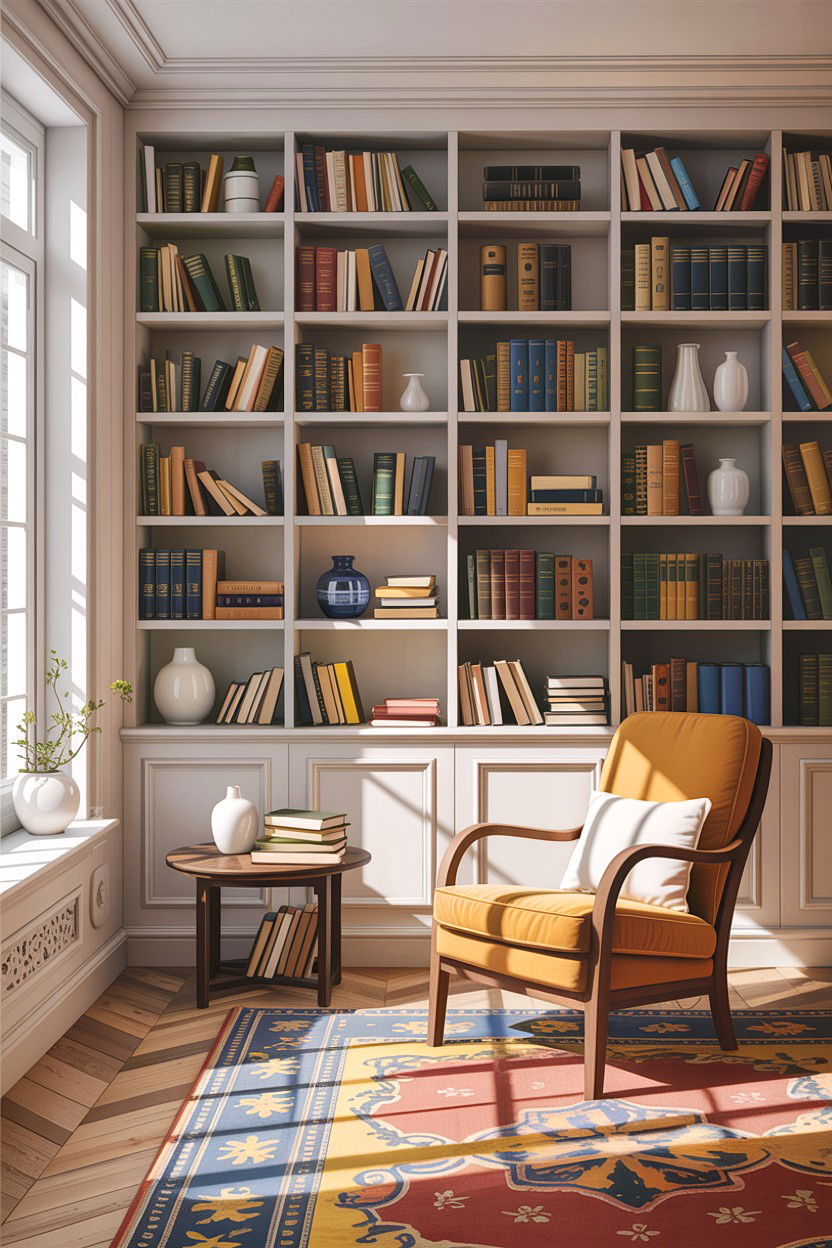 Library wall living space - 30 Finnish living room ideas