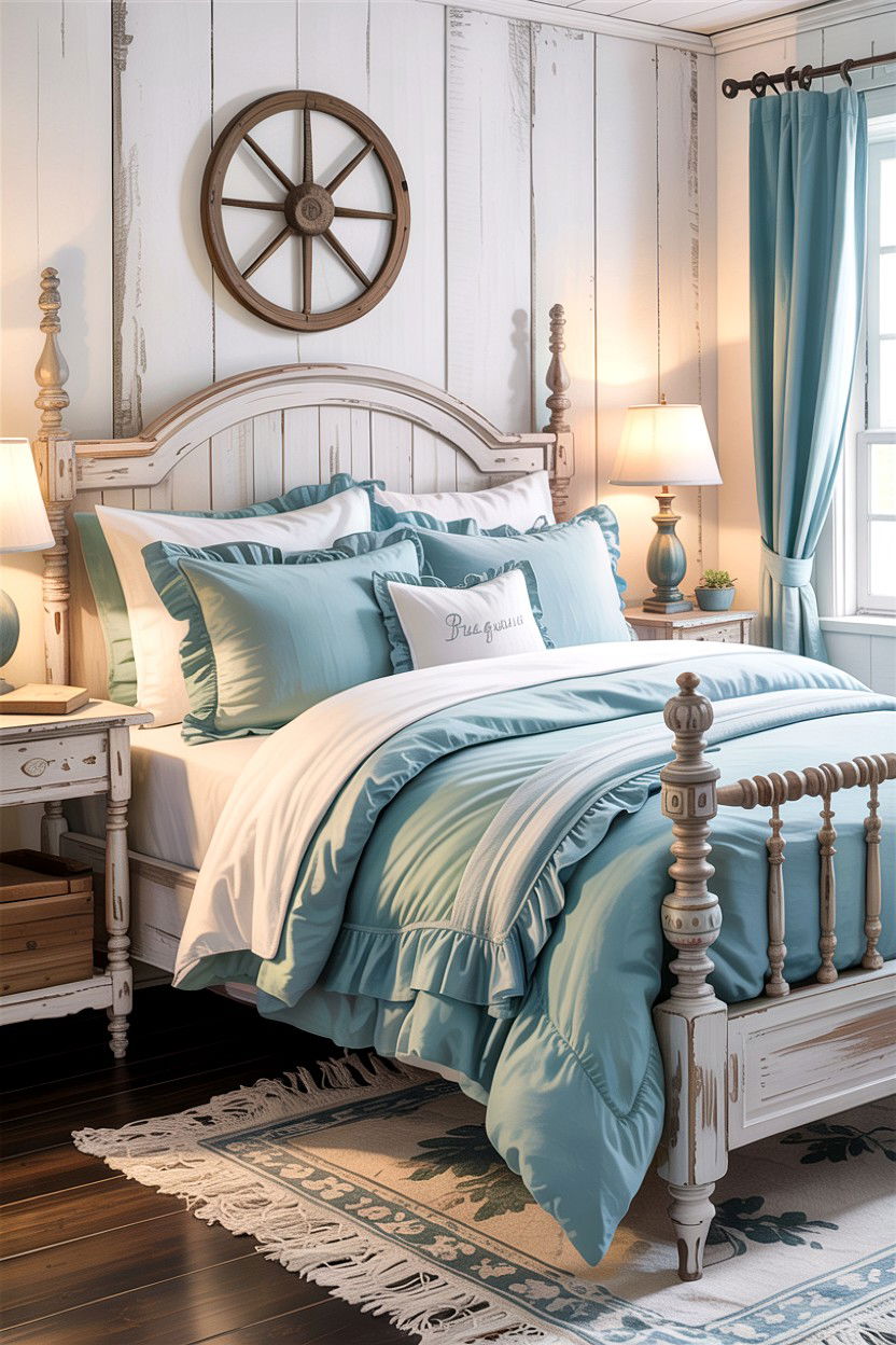Light Blue Farmhouse Bedding - 30 rustic blue bedroom ideas