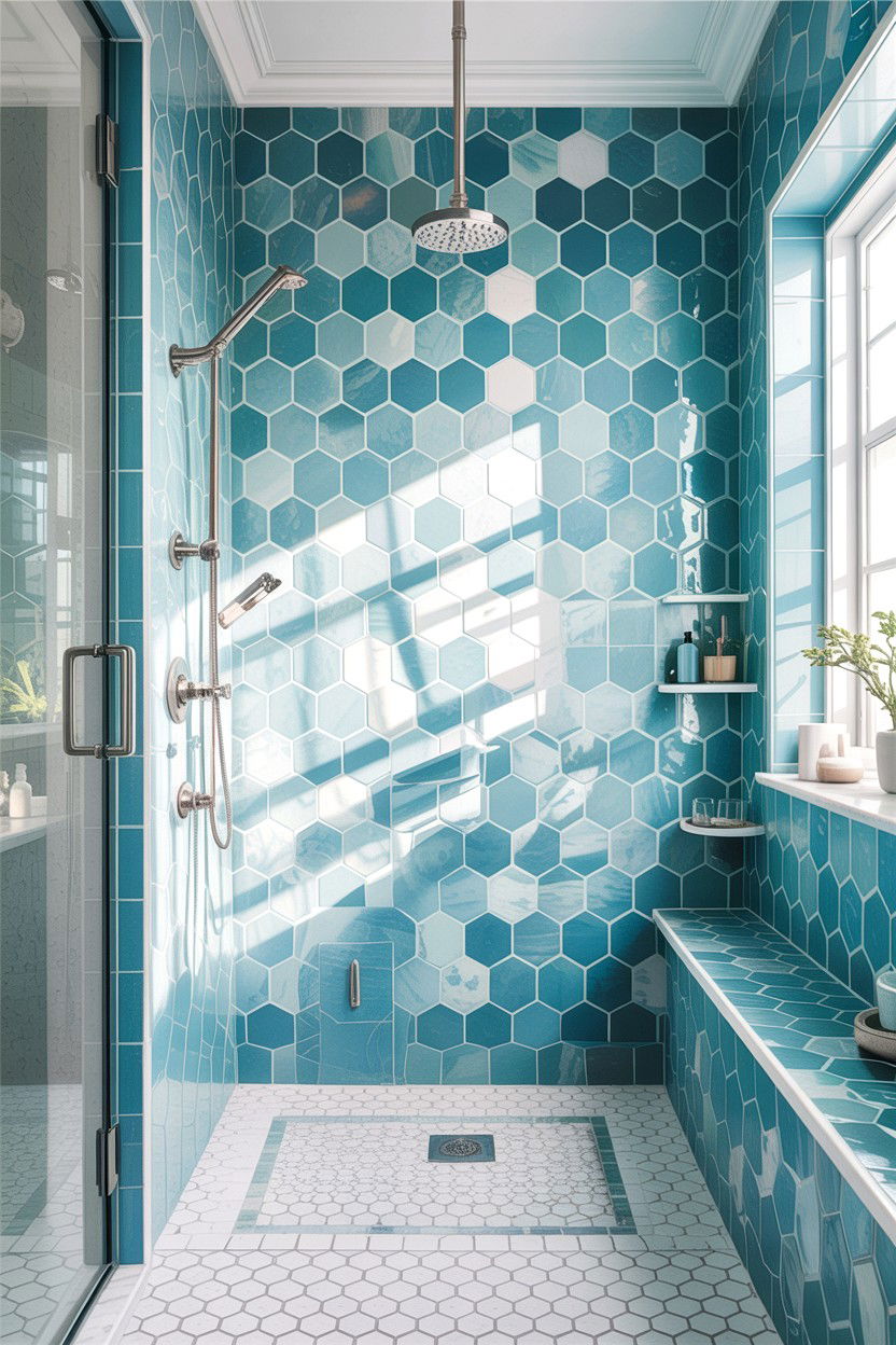 Light Blue Hexagon Tile Shower - 30 hexagon tile bathroom ideas