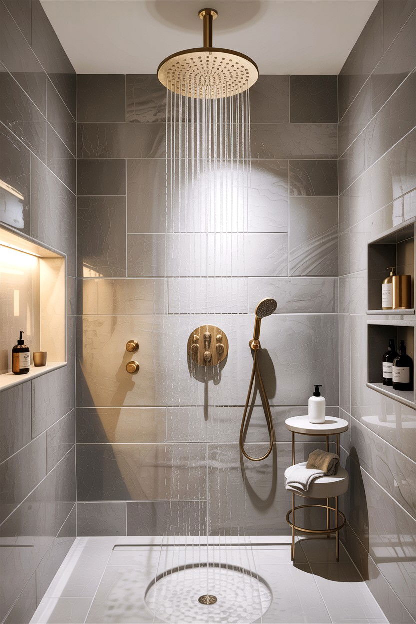 Light Gray Tile Gold Rain Shower - 30 gray and gold bathroom ideas