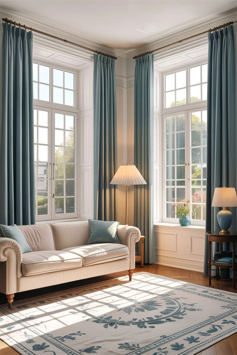 Light blue curtains - 30 blue and white living room ideas