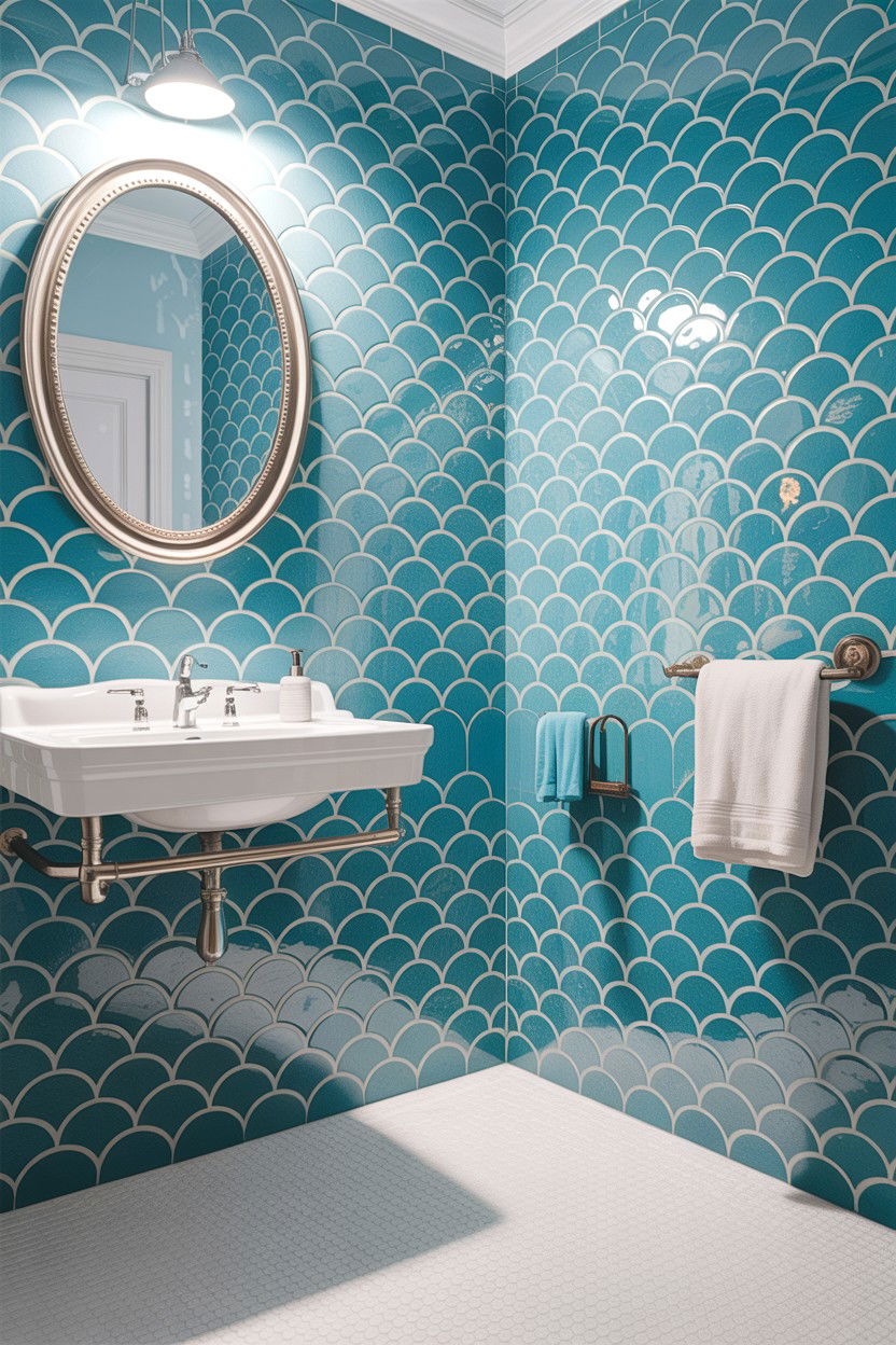 Light blue fish scale tile wall - 30 fish scale tile bathroom ideas