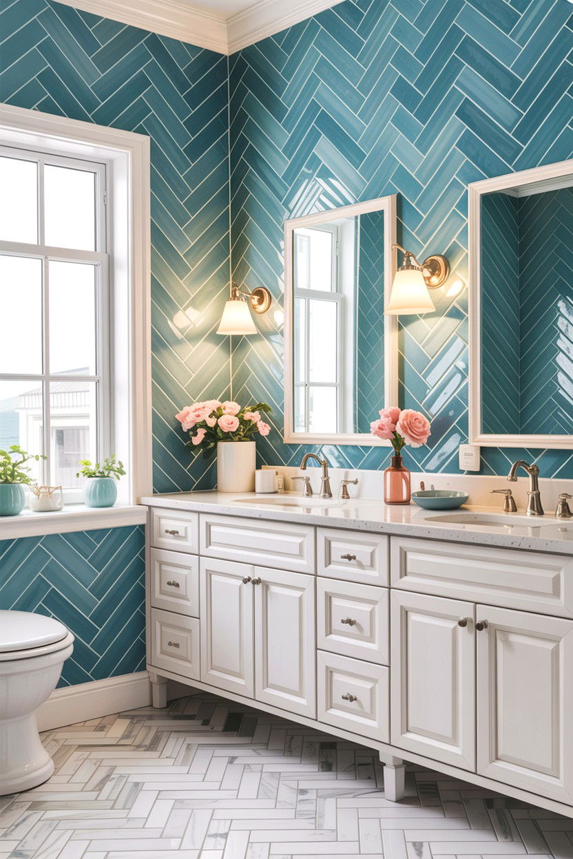 Light blue herringbone wall - 30 herringbone pattern bathroom ideas