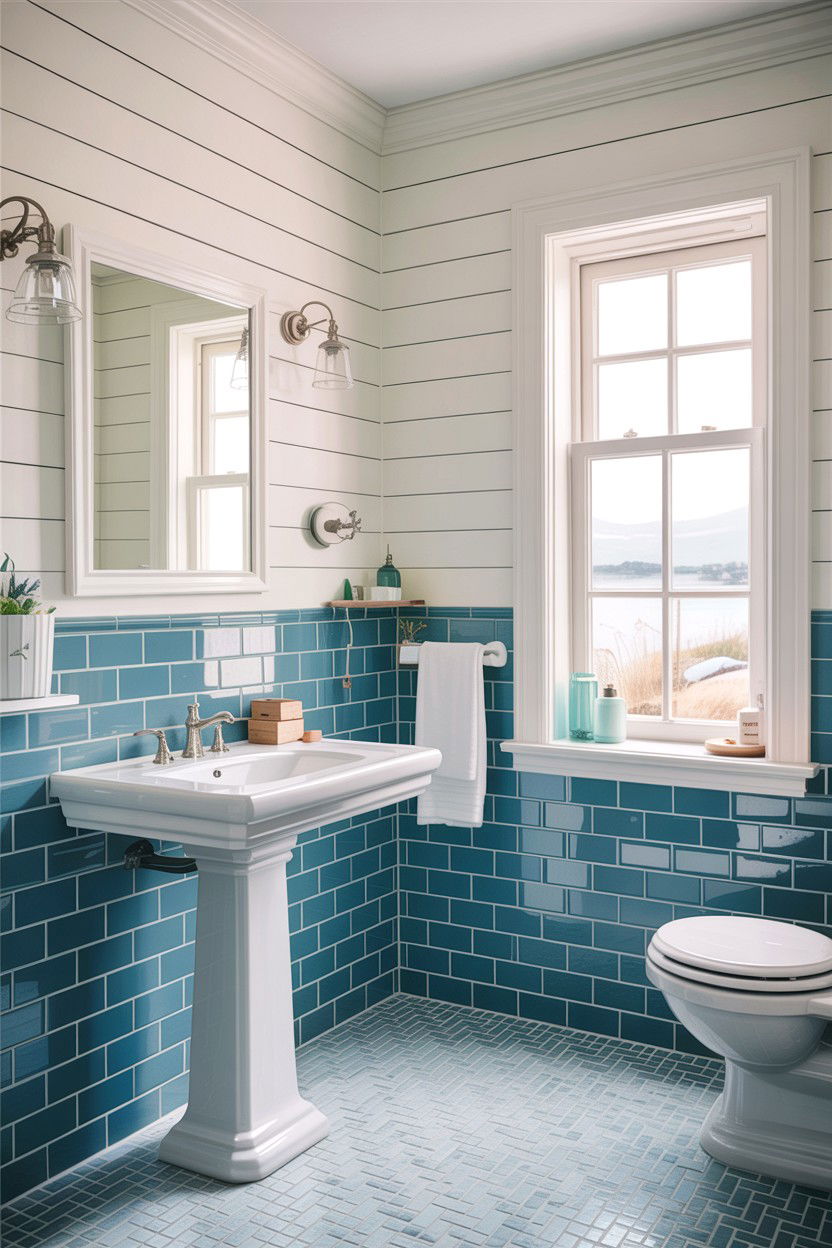 Light blue subway tile bathroom - 30 colored subway tile bathroom ideas