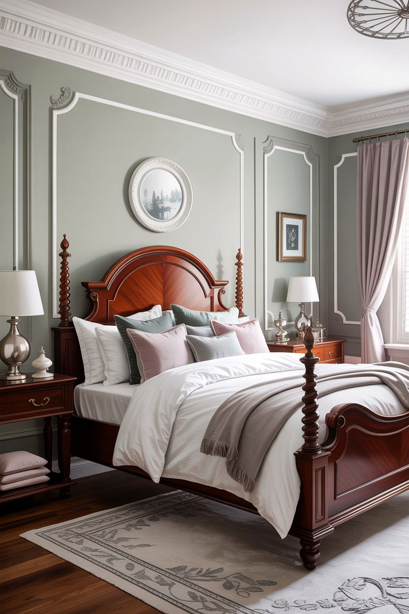 Light grey bedroom with crown molding - 30 traditional grey bedroom ideas