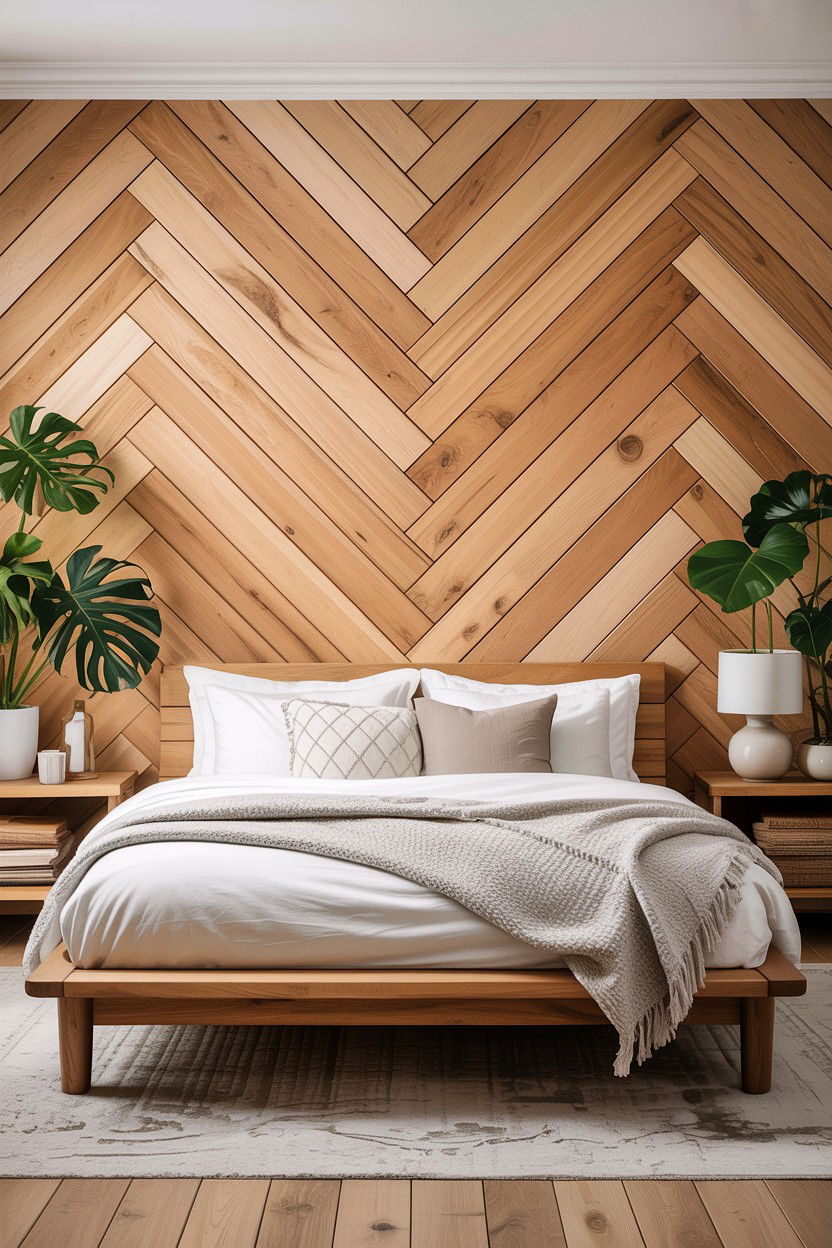 Light oak herringbone headboard wall - 30 bedroom herringbone wall ideas