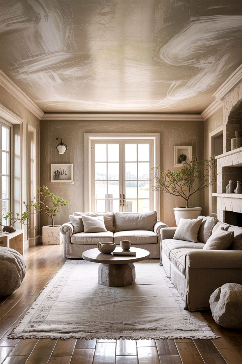 Limewash ceiling living room - 30 living room fifth wall ideas