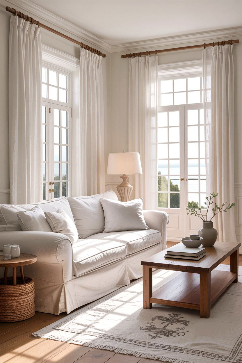 Linen Curtains - 30 rustic white living room ideas
