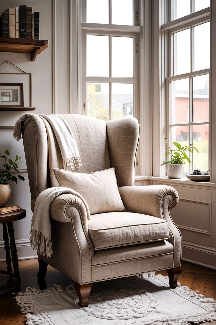 Linen Wingback Chair - 30 living room farmhouse furniture ideas