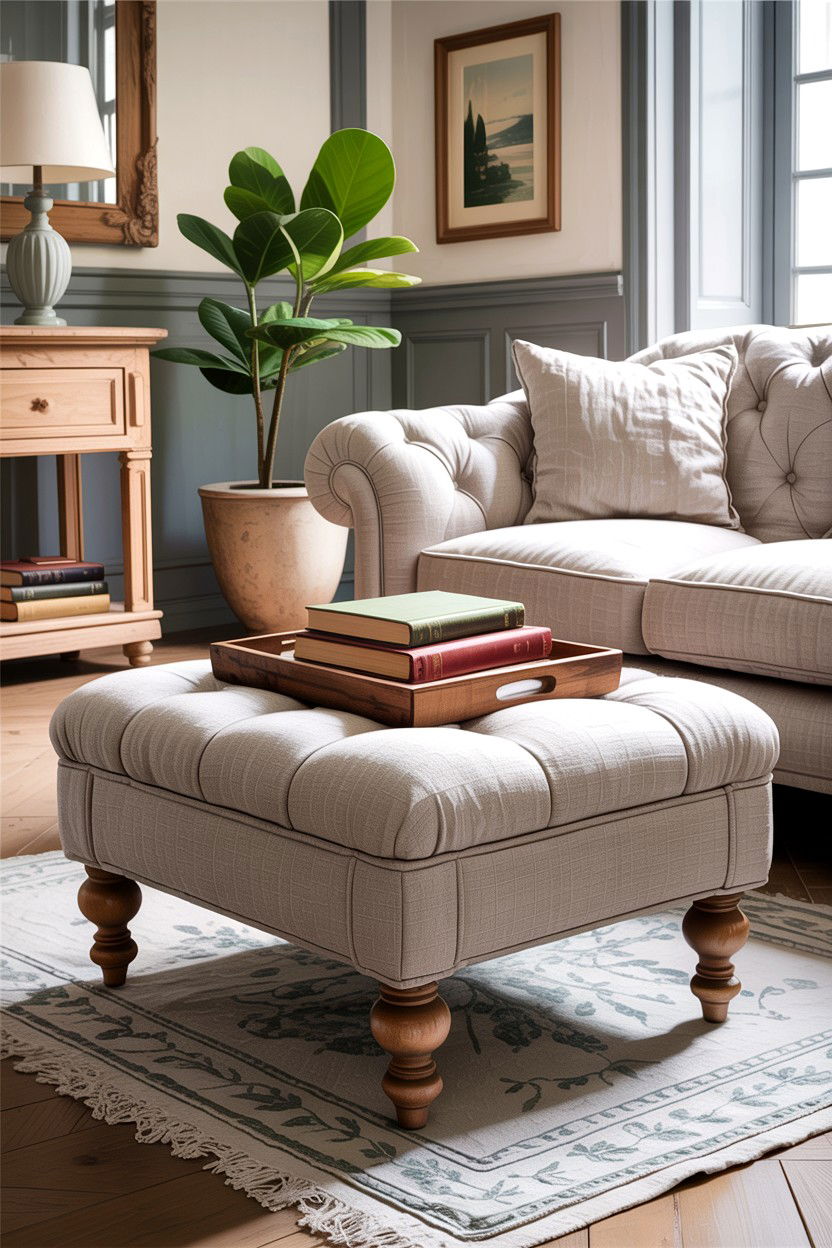 Linen upholstered ottoman - 30 living room Provence furniture ideas