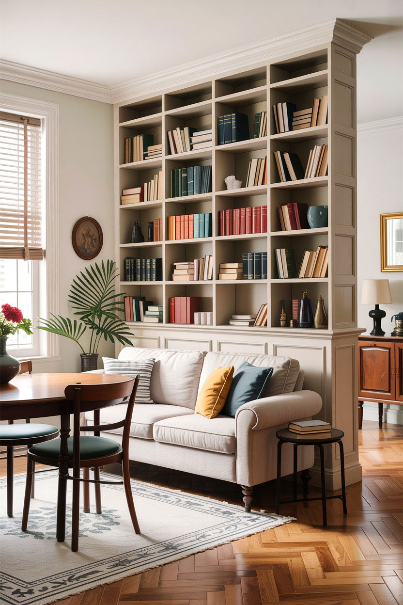 Living room dining room combo with bookshelf divider - 30 living room dining room combo ideas