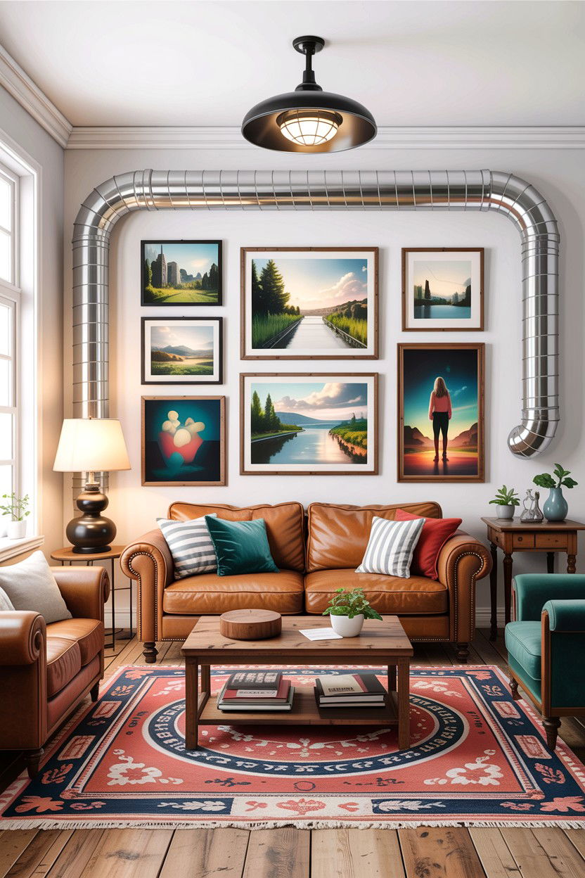 Living room ductwork gallery wall - 30 exposed ductwork living room ideas