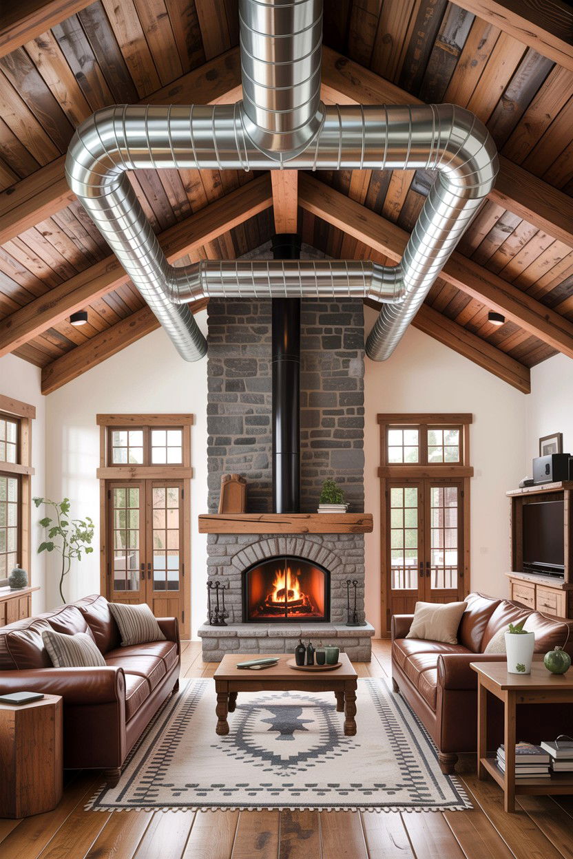 Living room ductwork with wood beams - 30 exposed ductwork living room ideas