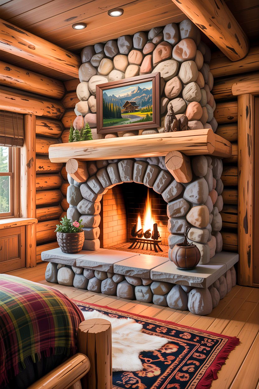 Log cabin bedroom fireplace - 30 bedroom wood burning fireplace ideas