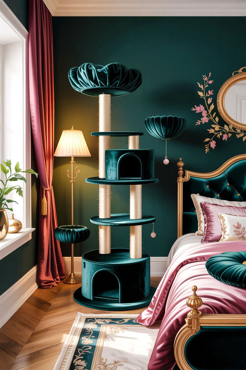 Luxury Velvet Cat Tree - 30 cat tree bedroom ideas