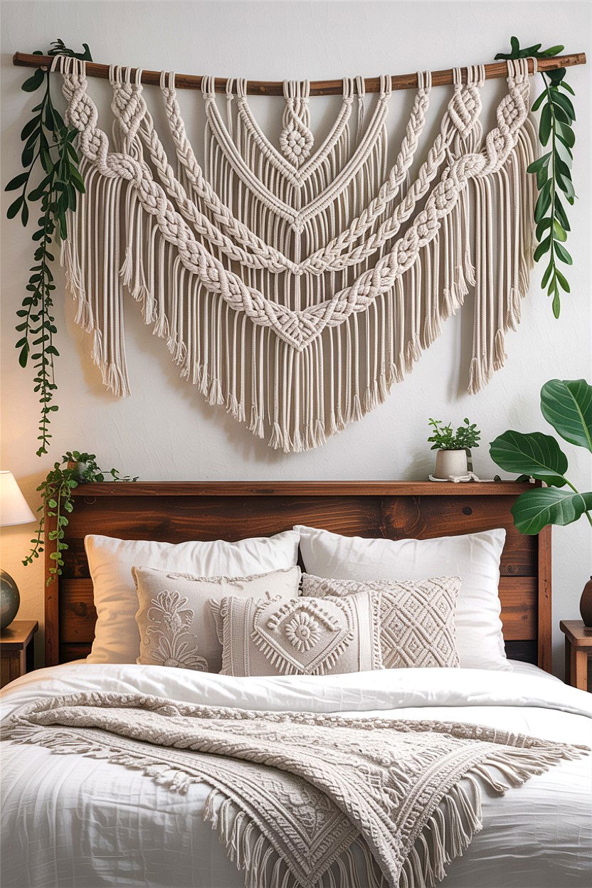 Macrame Wall Hanging - 30 rustic white bedroom ideas