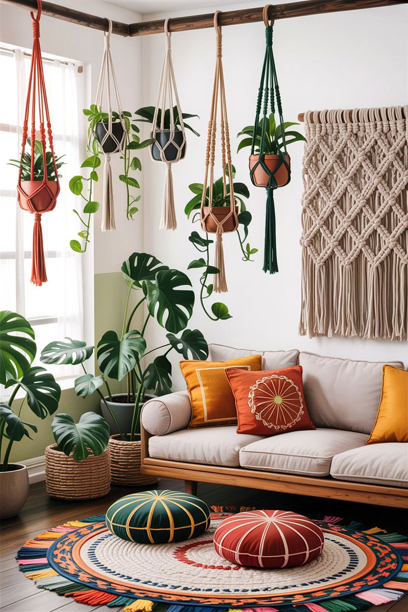 Macrame plant hanger living room - 30 jungle living room ideas