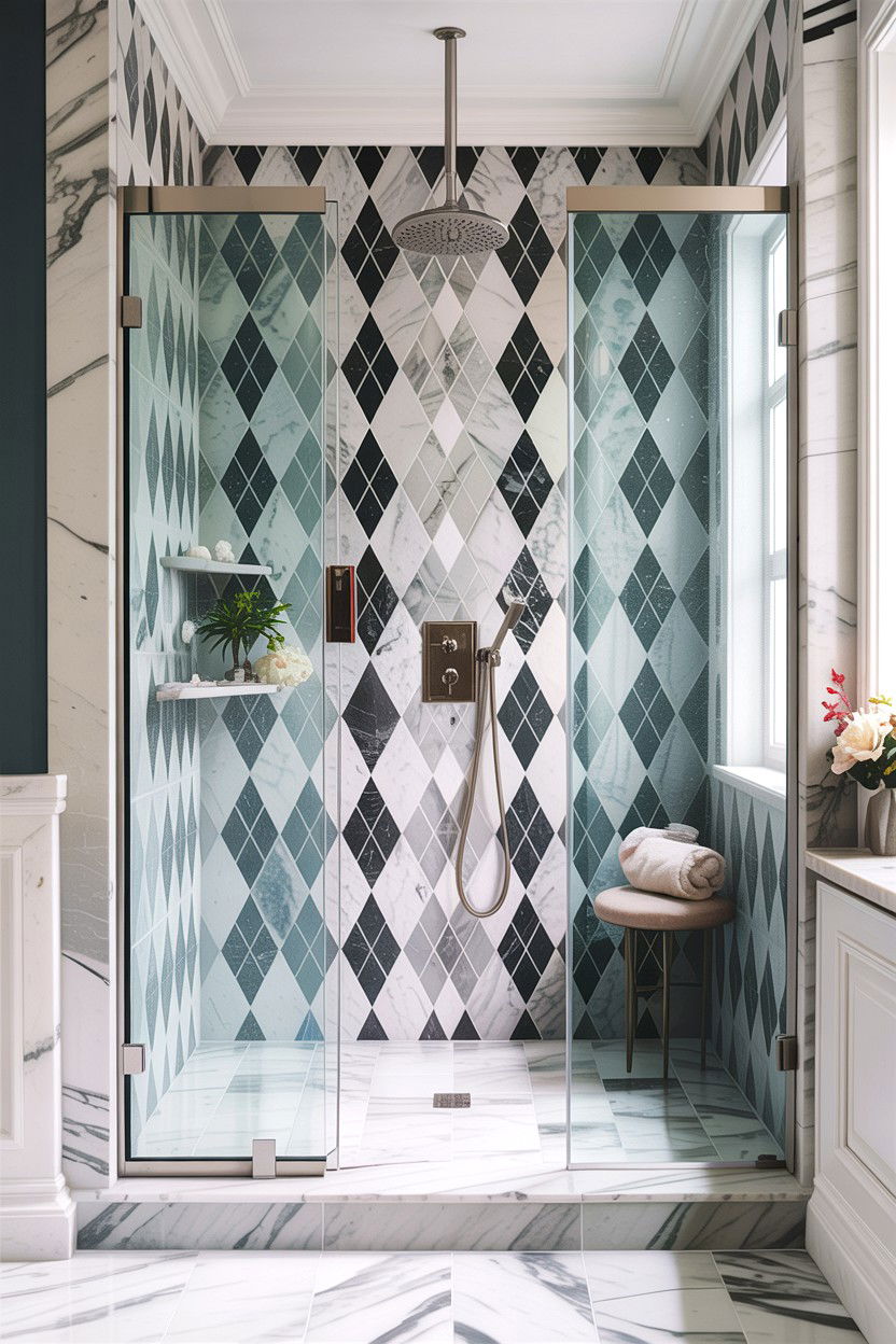 Marble diamond mosaic shower wall - 30 diamond tile bathroom ideas