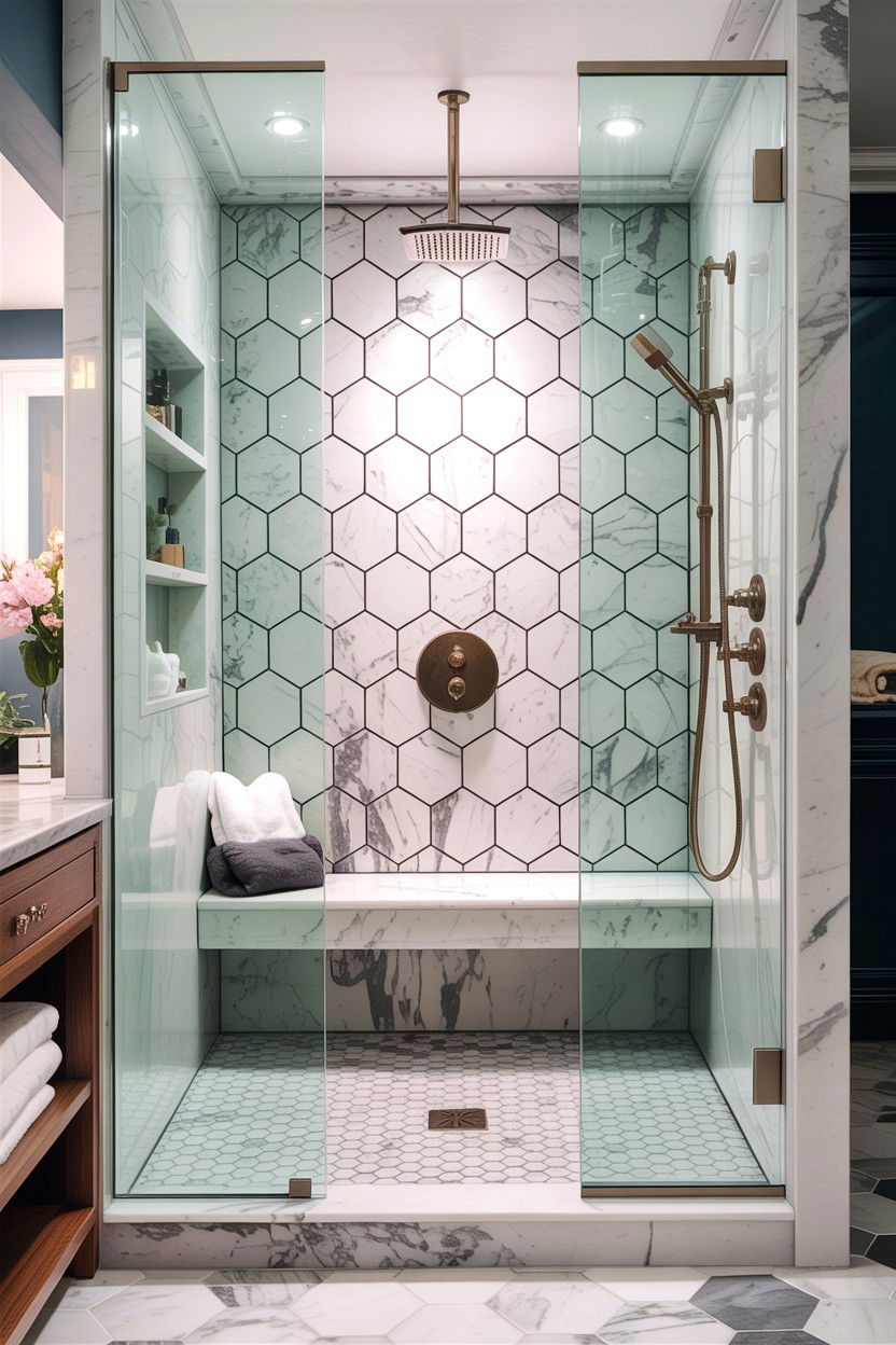 Marble hexagon tile walk in shower - 30 honeycomb tile bathroom ideas