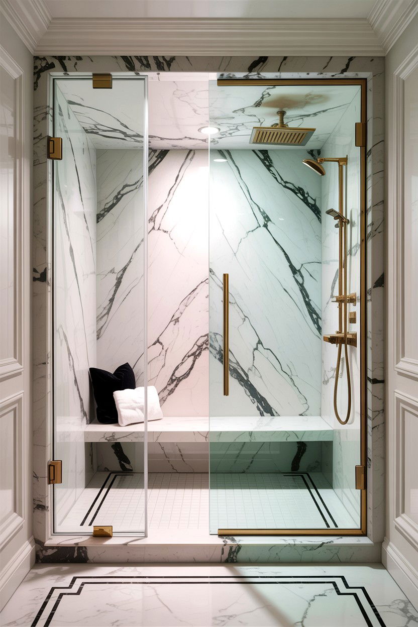 Marble walk in shower - 30 Hollywood regency bathroom ideas