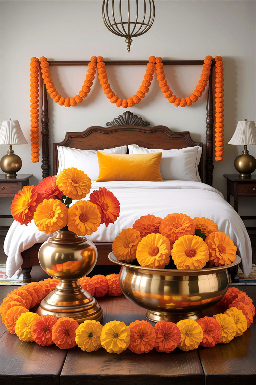 Marigold floral decor - 30 Indian bedroom ideas