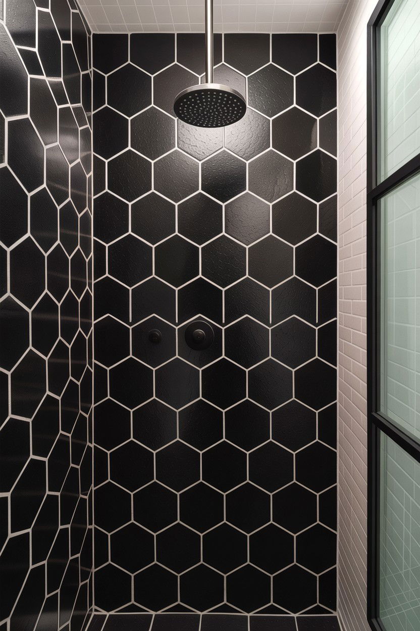 Matte Black Hexagon Tile Shower - 30 hexagon tile bathroom ideas