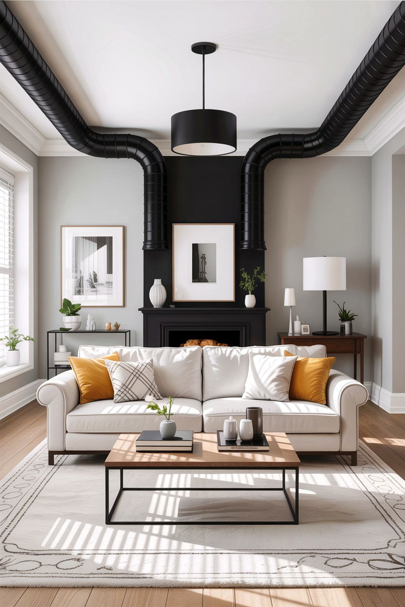 Matte black ceiling ductwork - 30 exposed ductwork living room ideas