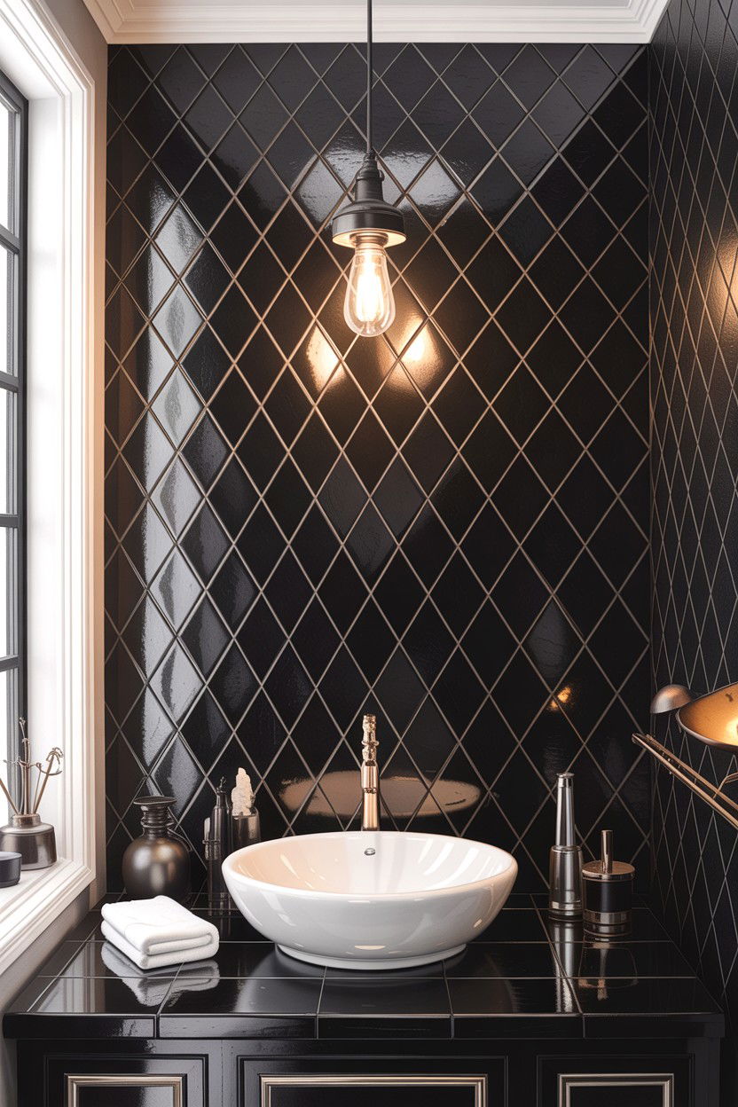 Matte black diamond tile wall - 30 diamond tile bathroom ideas