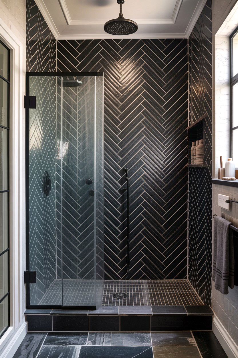 Matte black herringbone shower - 30 herringbone pattern bathroom ideas