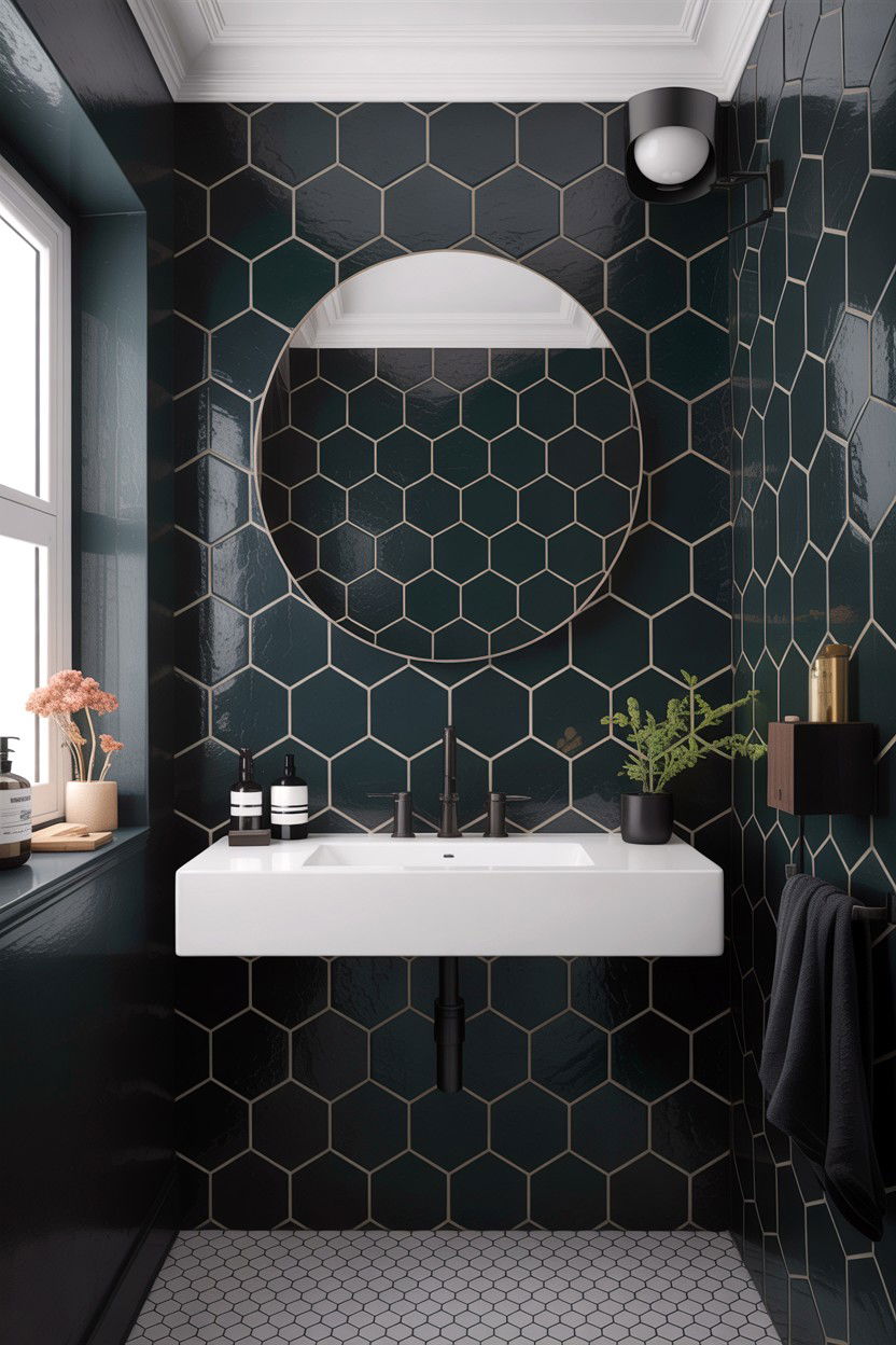 Matte black hexagon tile bathroom - 30 honeycomb tile bathroom ideas