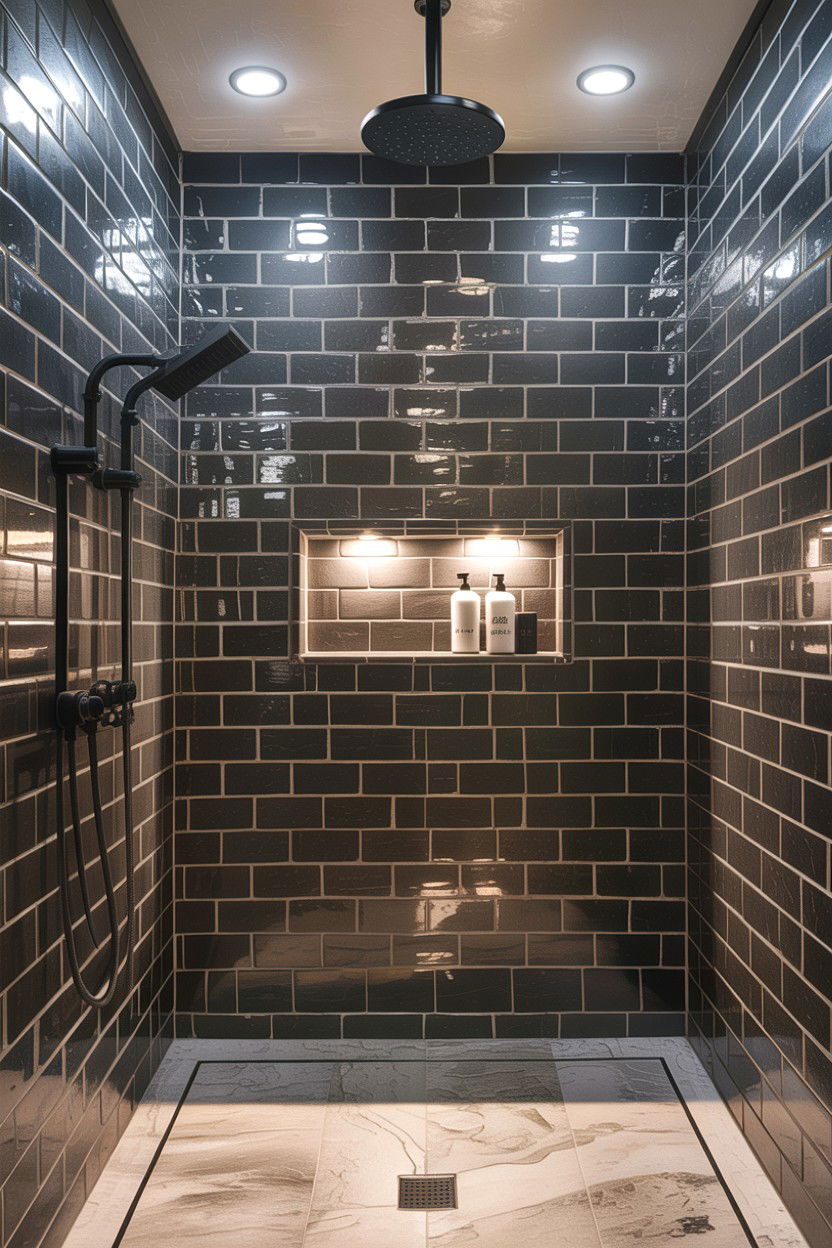 Matte black subway tile shower