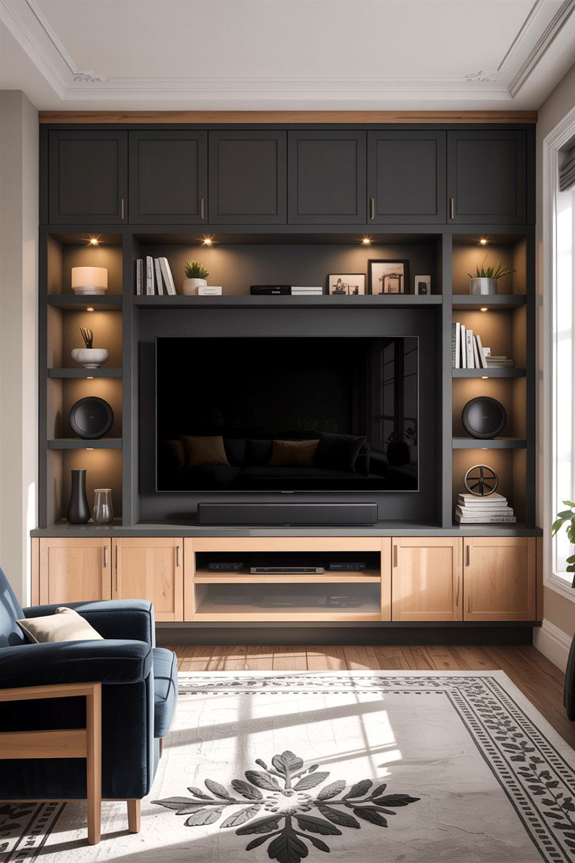 Media Console Built In - 30 living room custom woodwork ideas