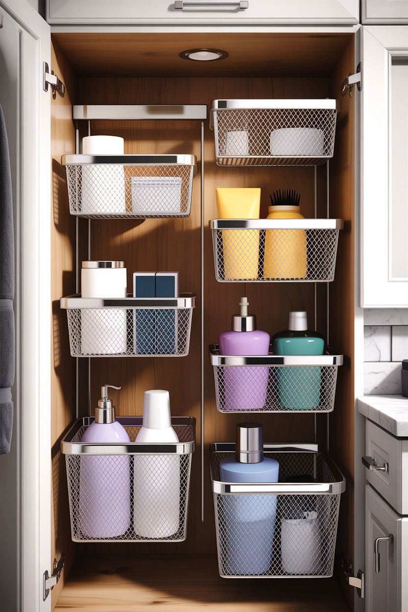 Metal mesh cabinet organizers - 30 bathroom basket storage ideas