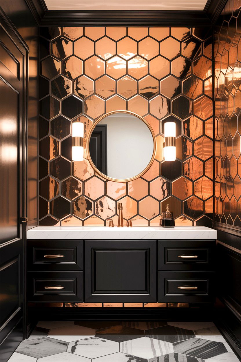 Metallic Hexagon Tile Accent Wall - 30 hexagon tile bathroom ideas