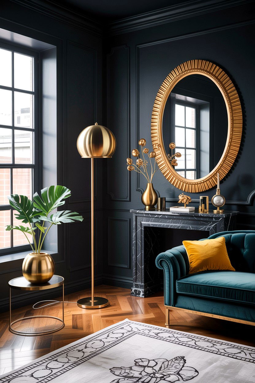 Metallic accent dark living room - 30 dark living room ideas