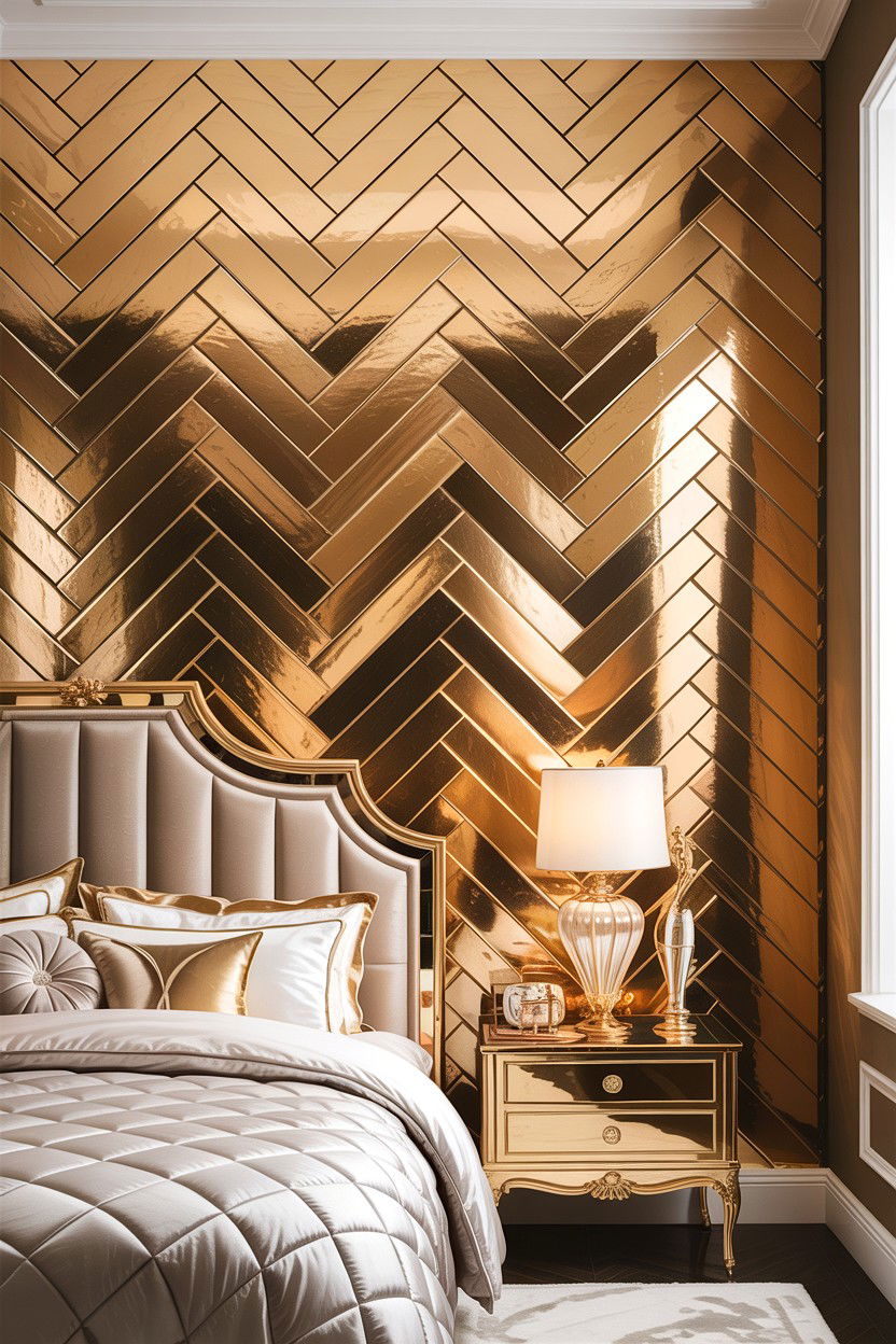 Metallic herringbone accent wall - 30 bedroom herringbone wall ideas