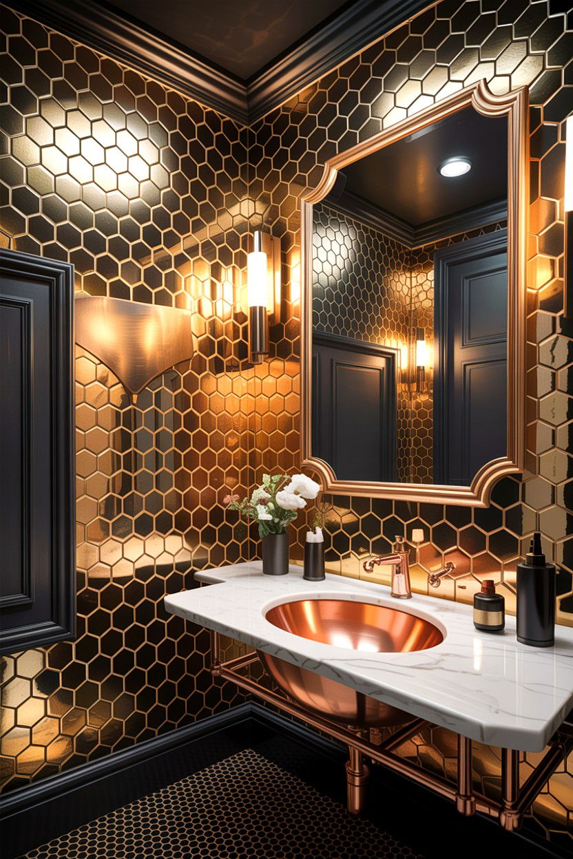 Metallic hexagon tile bathroom wall - 30 honeycomb tile bathroom ideas