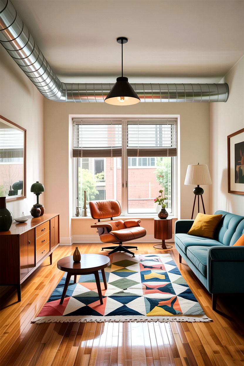 Mid century modern industrial living room - 30 exposed ductwork living room ideas