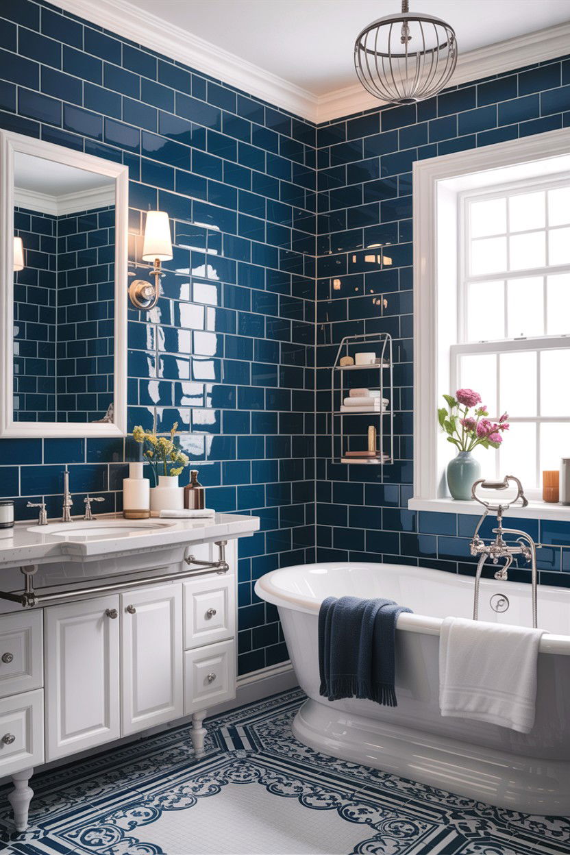Midnight blue subway tile bathroom - 30 colored subway tile bathroom ideas