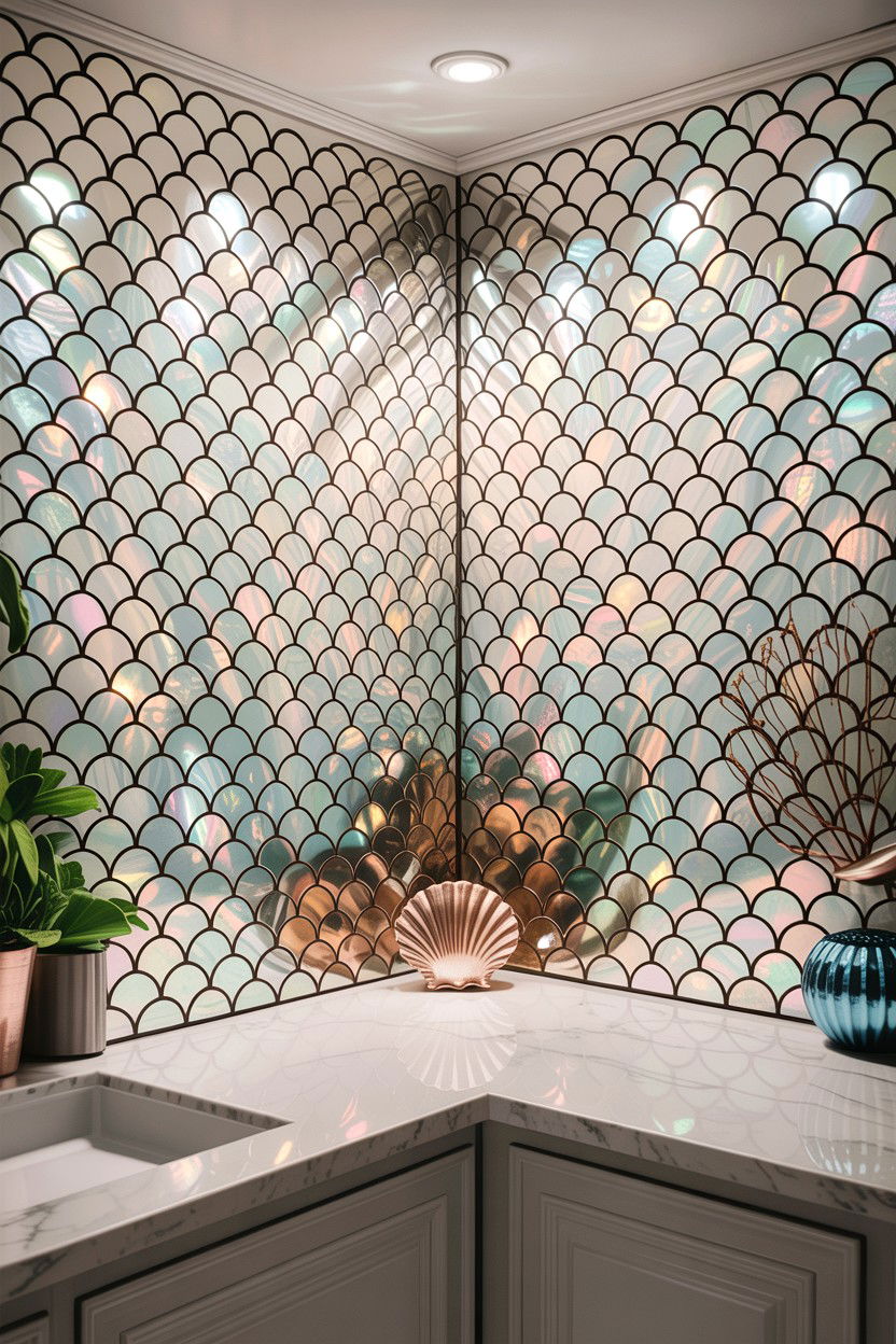 Mini scalloped tile backsplash - 30 fish scale tile bathroom ideas