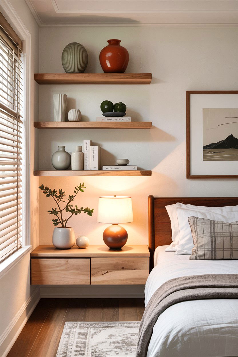 Minimalist Floating Shelves - 30 California casual bedroom ideas