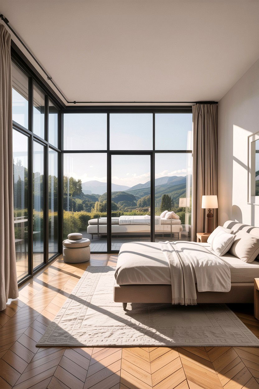 Minimalist bedroom with floor to ceiling windows - 30 bedroom with patio doors