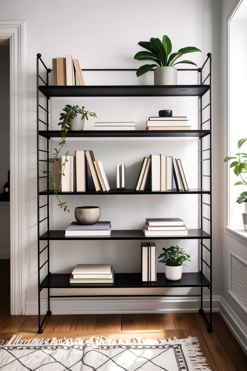 Minimalist black shelving - 30 scandinavian black living room ideas