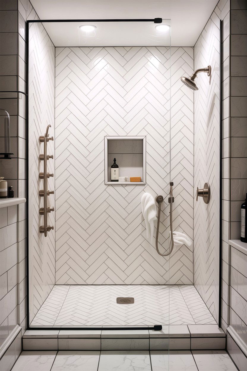 Minimalist white herringbone shower - 30 herringbone pattern bathroom ideas