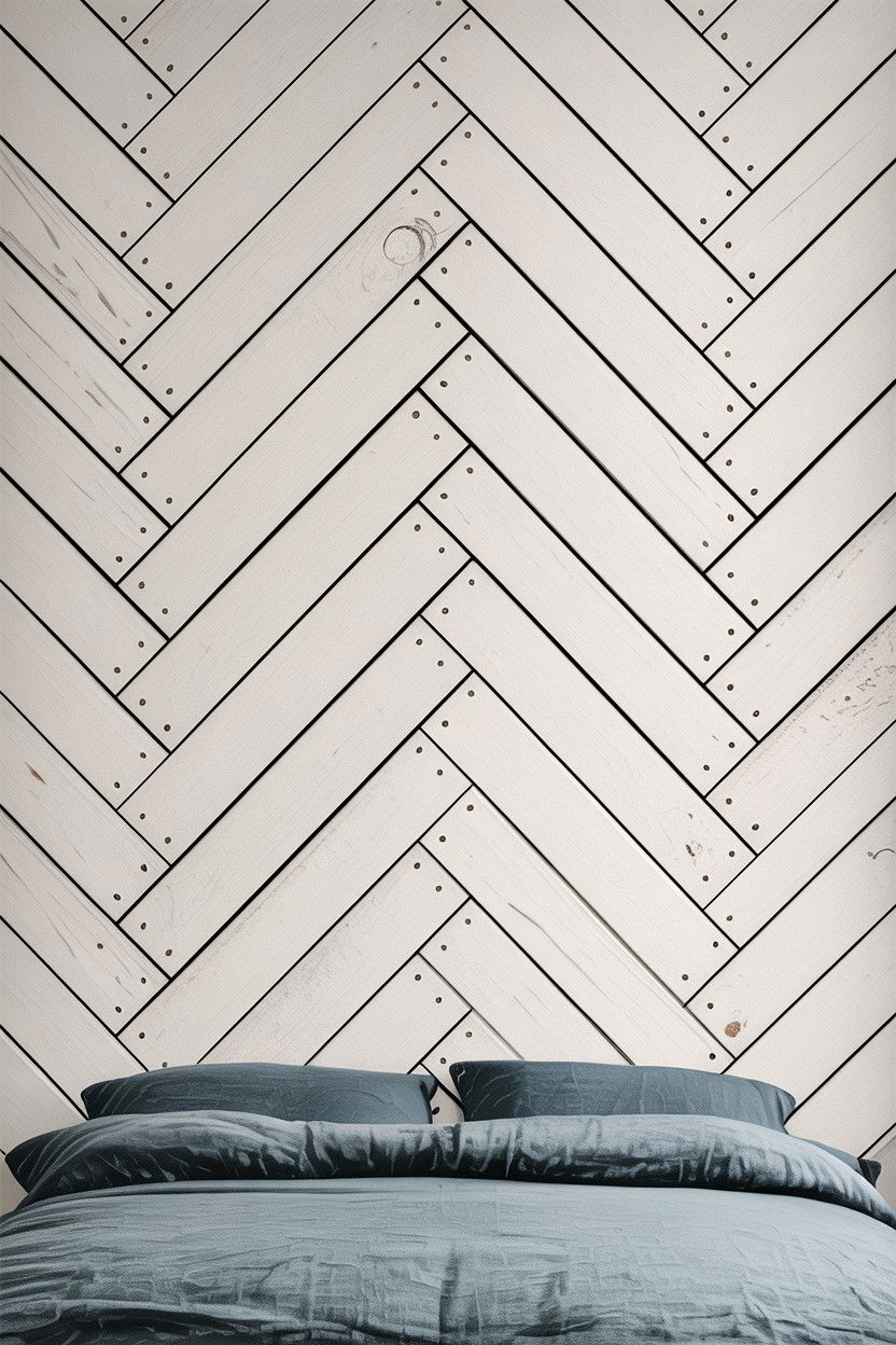 Minimalist white herringbone wall - 30 bedroom herringbone wall ideas