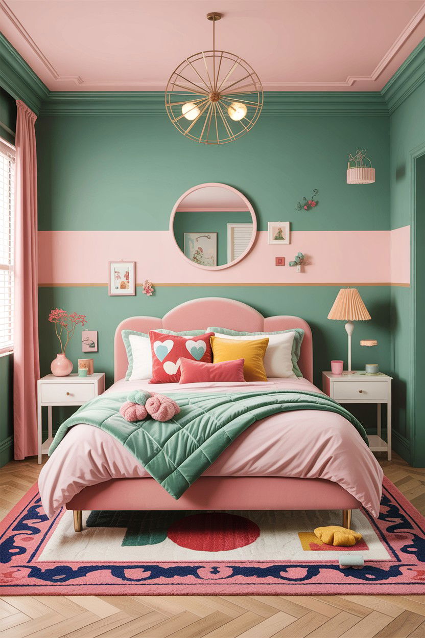 Mint green and soft pink bedroom - 30 bedroom two tone walls