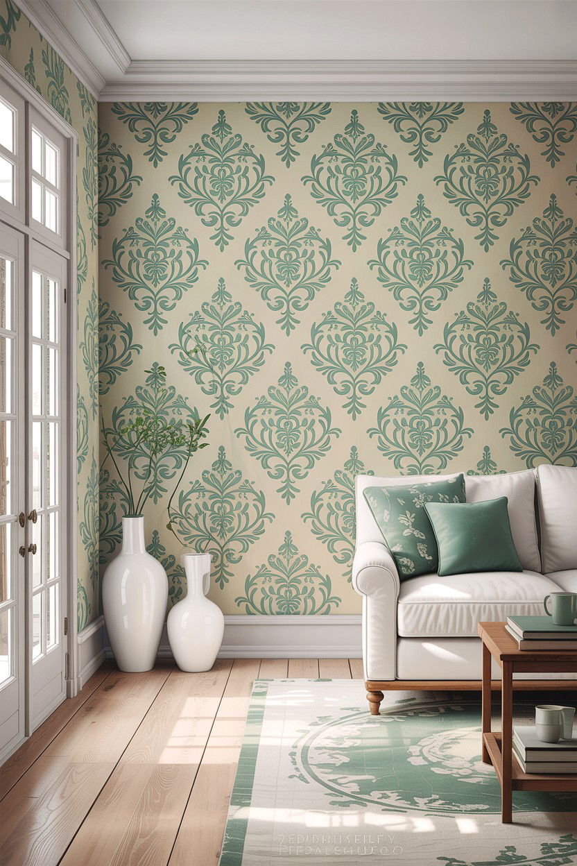 Mint green damask wallpaper - 30 living room damask wallpapers