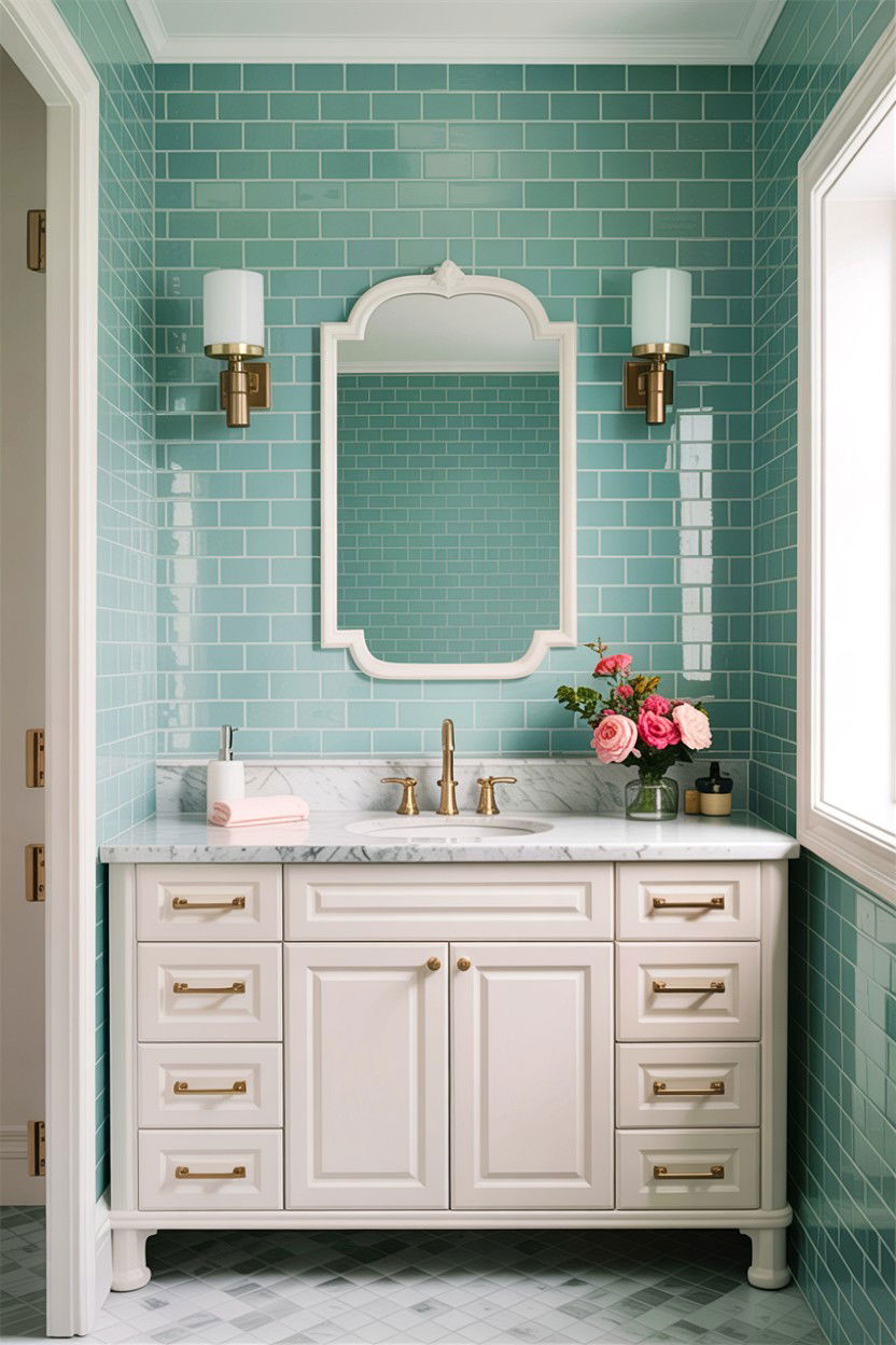 Mint green grout vanity backsplash - 30 colored grout bathroom ideas