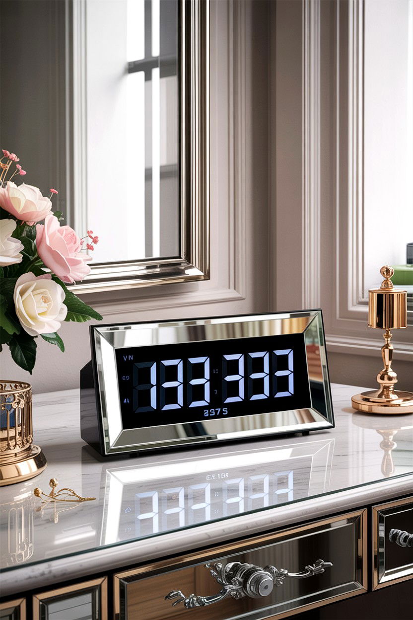 Mirror surface digital clock - 30 bedroom clock ideas