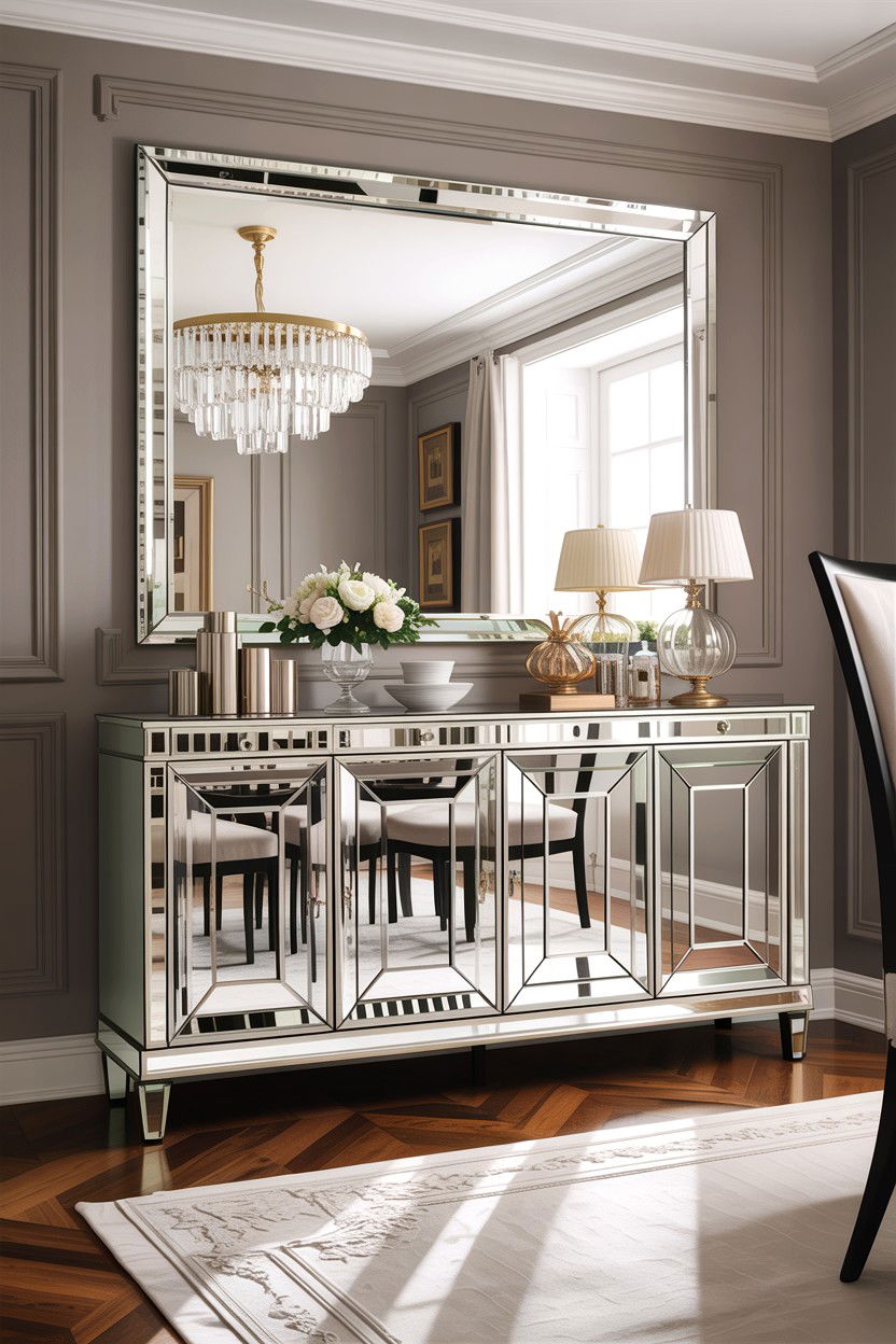 Mirrored Storage Credenza - 30 small dining room space storage ideas
